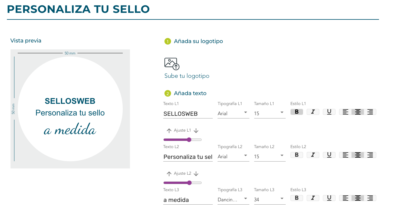 Personalizador de sellos de Sellosweb donde se una vista previa del sello personalizado además de opciones de personalización como subir un logo, añadir líneas de texto y botones con funciones de texto.